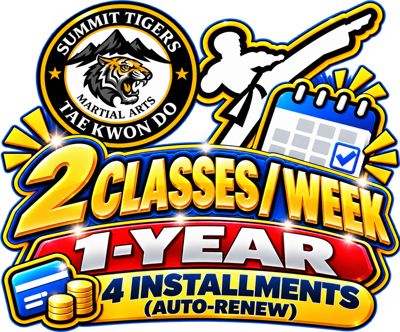 1-Year Taekwondo Membership — 2 Classes per Week | Quarterly Payments | Auto-Renew