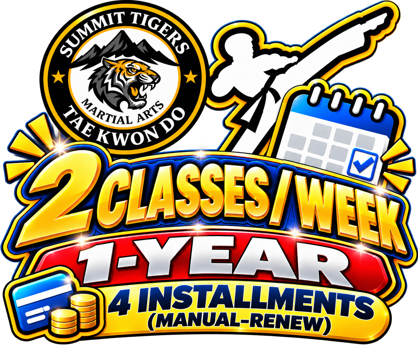 1-Year Taekwondo Membership — 2 Classes per Week | Quarterly Payments | Manual Renewal