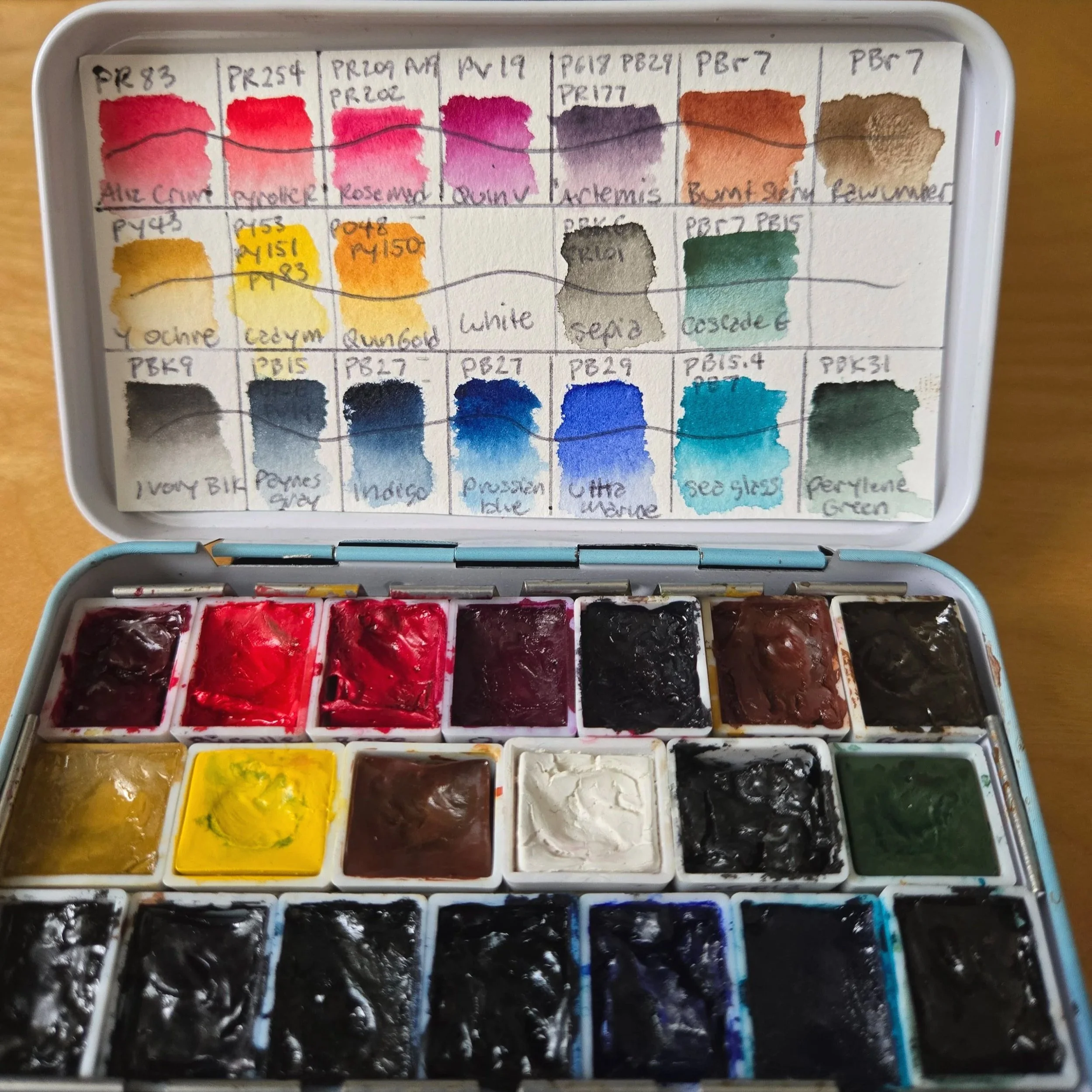 watercolor painting palette with color swatches and pigment names and numbers