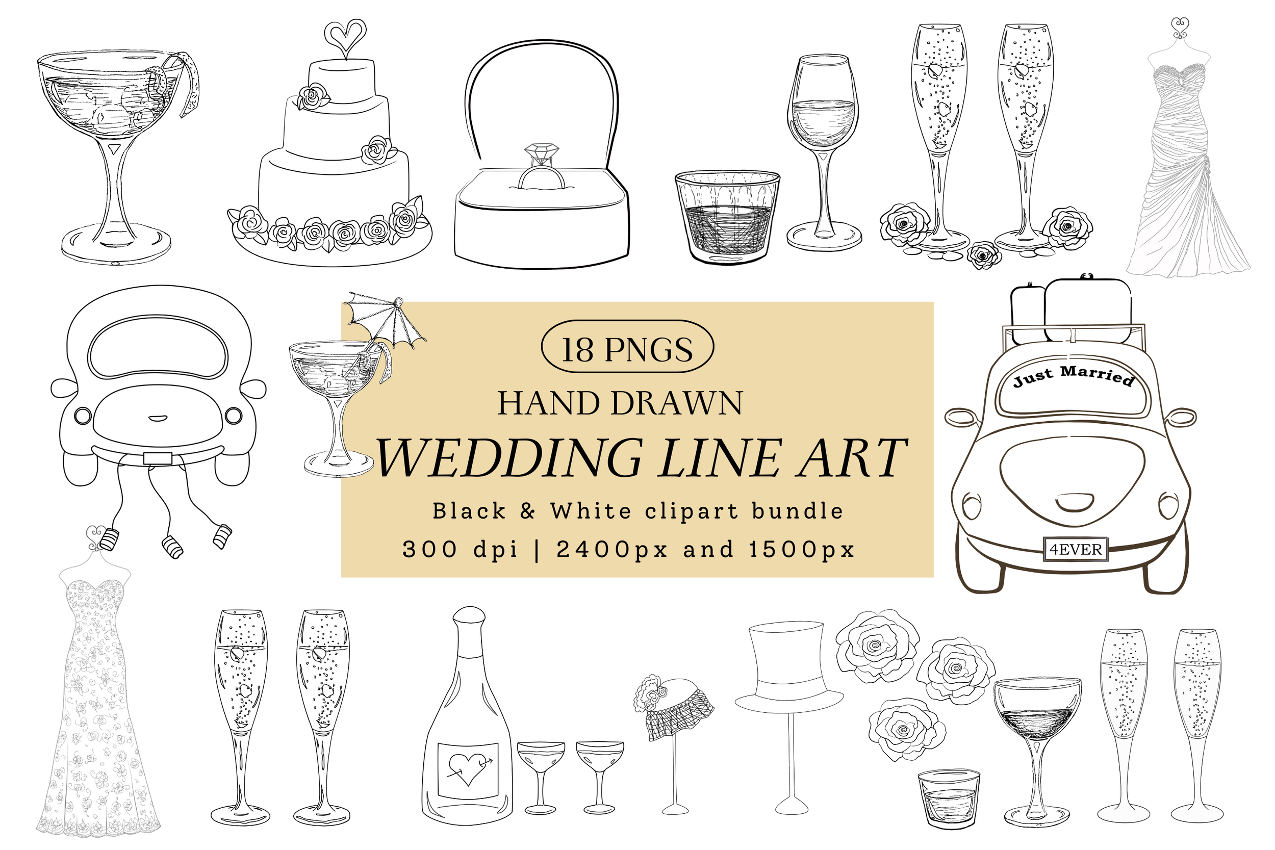 Hand Drawn Wedding Line Art - Clip Art Digital Download