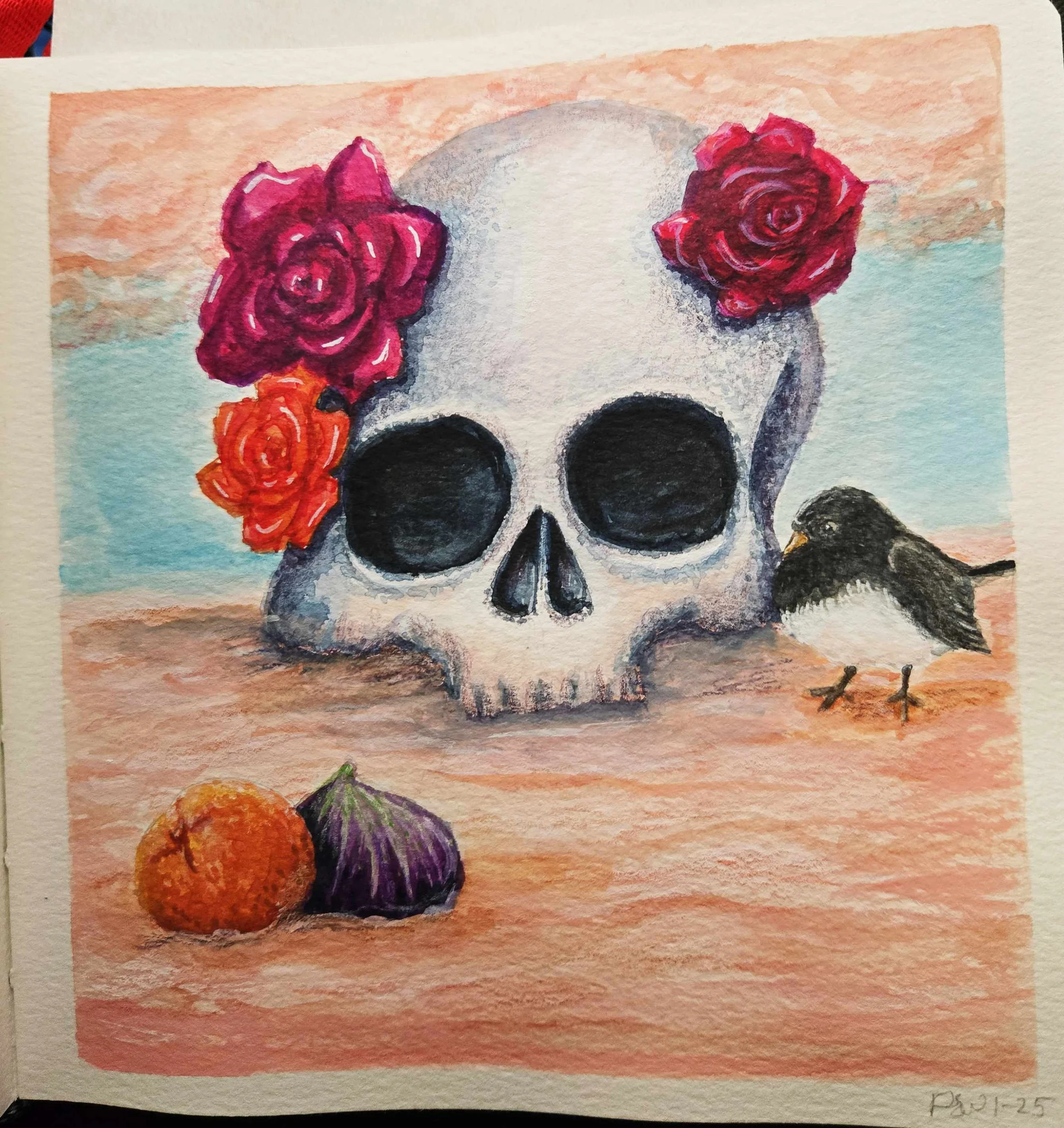 Vanitas Series: Pink Sand Skull Still Life - gouache