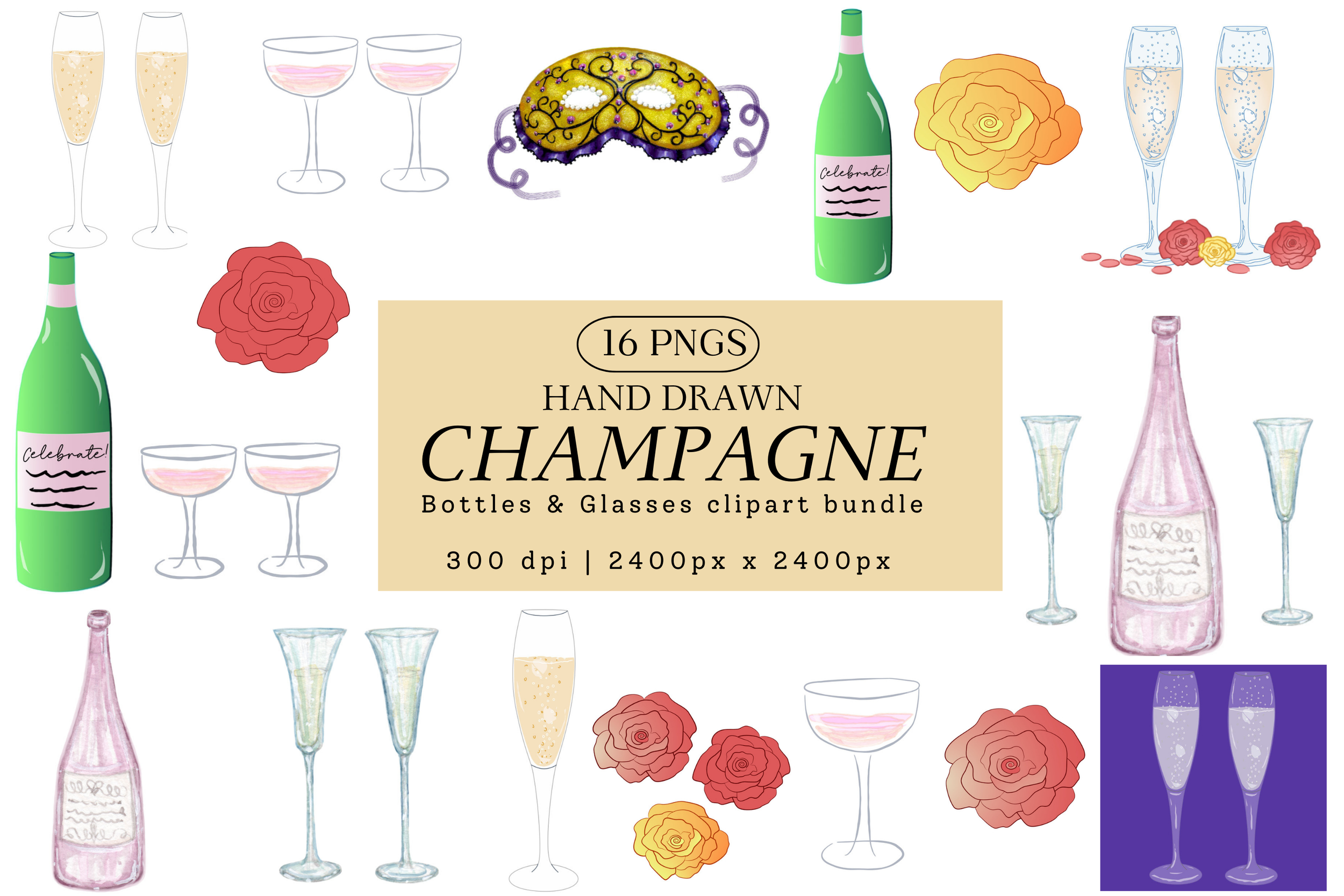 Champagne Clip Art PNG Set, Wedding Celebration Illustration
