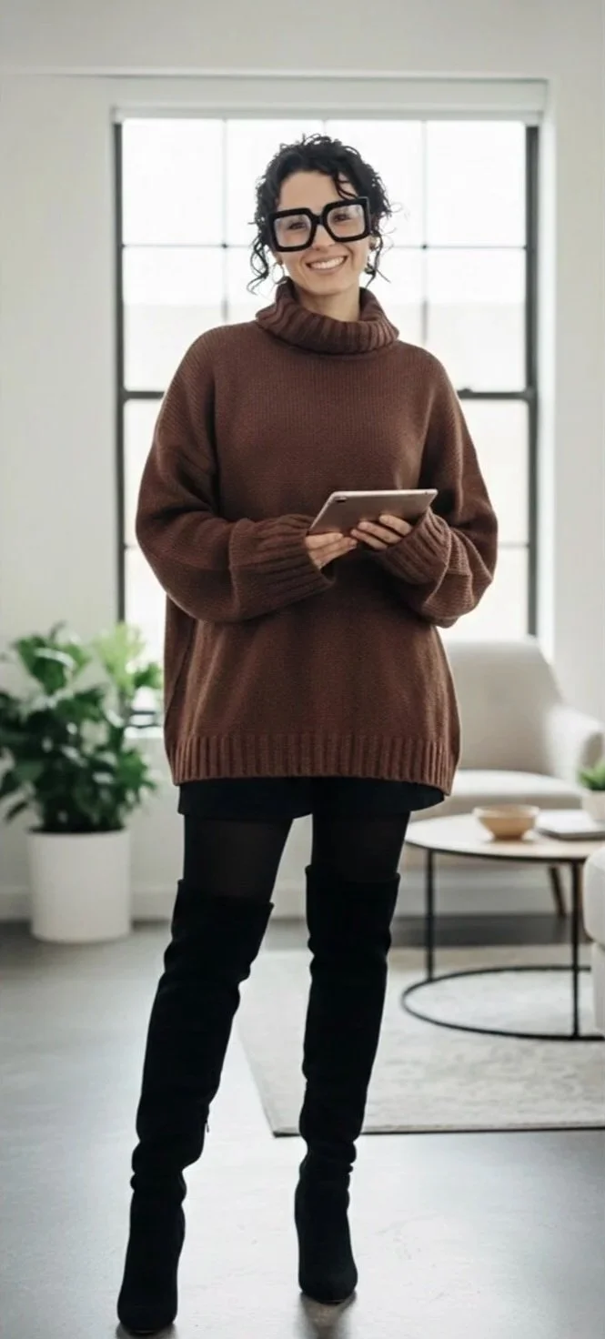 Woman with curly hair and glasses smiling, wearing a brown sweater, holding a tablet, standing in a bright modern living room with plants and furniture.