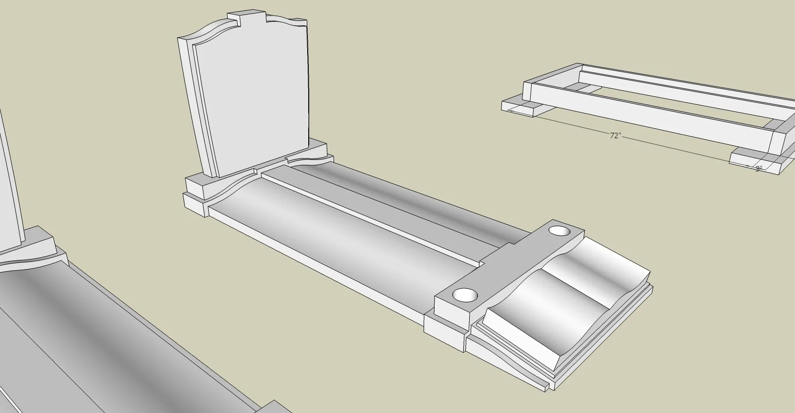 3D CAD drawing of a bespoke kerb memorial, with shaped cover slab and additional book tablet at the foot.