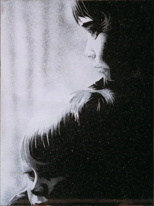 National award-winning black and white artwork, etched into polished black granite, featuring a woman's face in profile and a child's face at the bottom, creating an optical illusion.