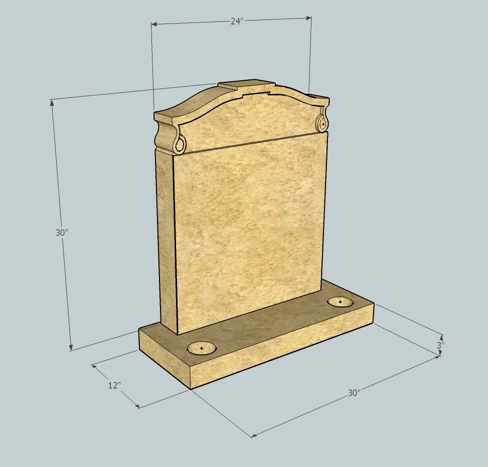 A 3D CAD drawing of a York stone headstone and base with dimensions: 30 inches tall, 24 inches wide, and 12 inches deep, featuring decorative carvings at the top and two flower containers.