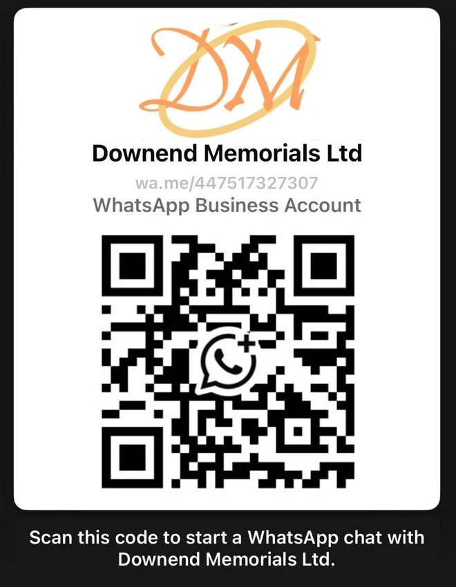 A business card for Downend Memorials Ltd with a logo at the top, a WhatsApp QR code in the centre, and a message to scan the code to start a chat.