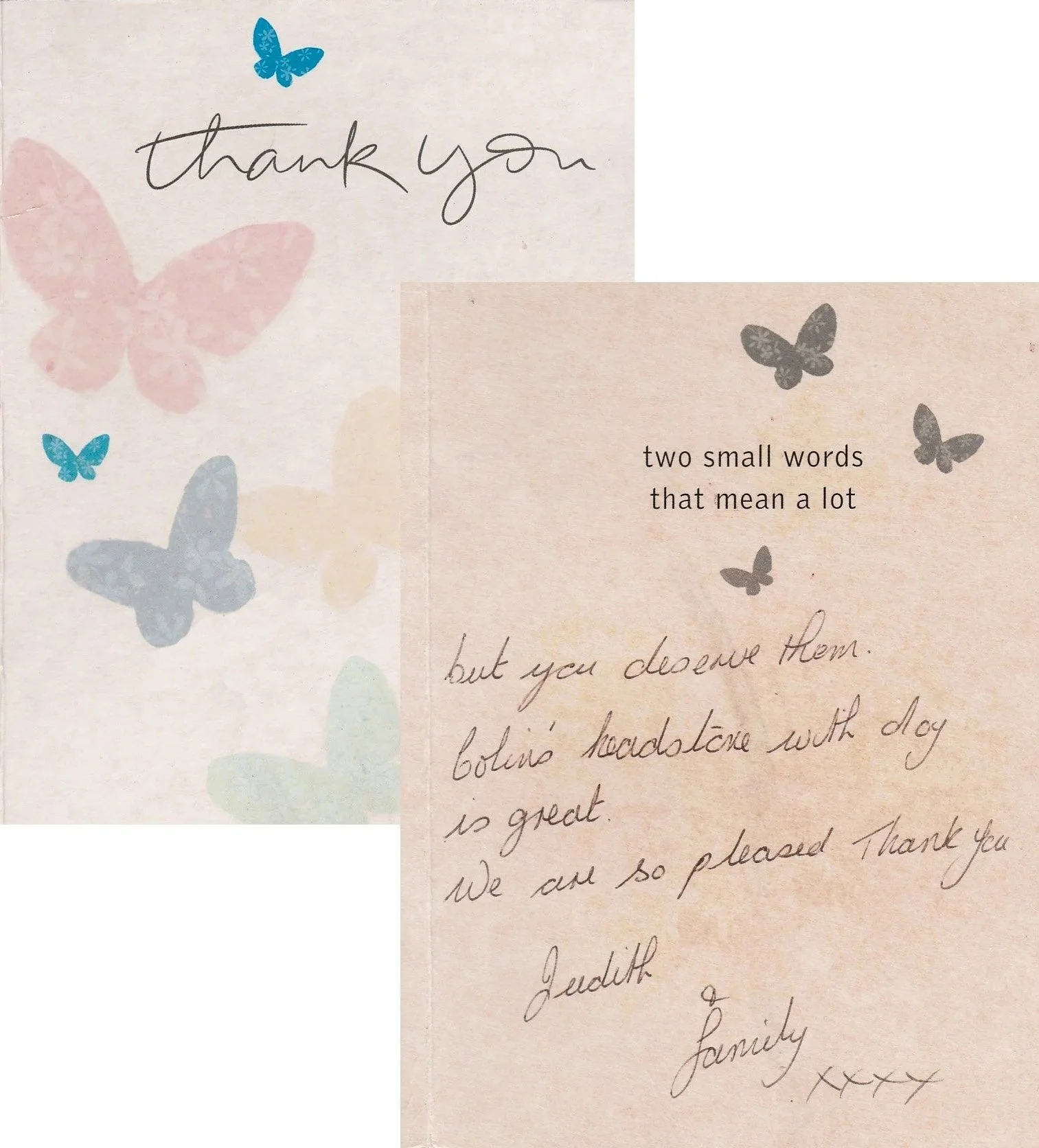 A thank you card with butterfly illustrations and handwritten text, including a detailed message on the lower part of the card.