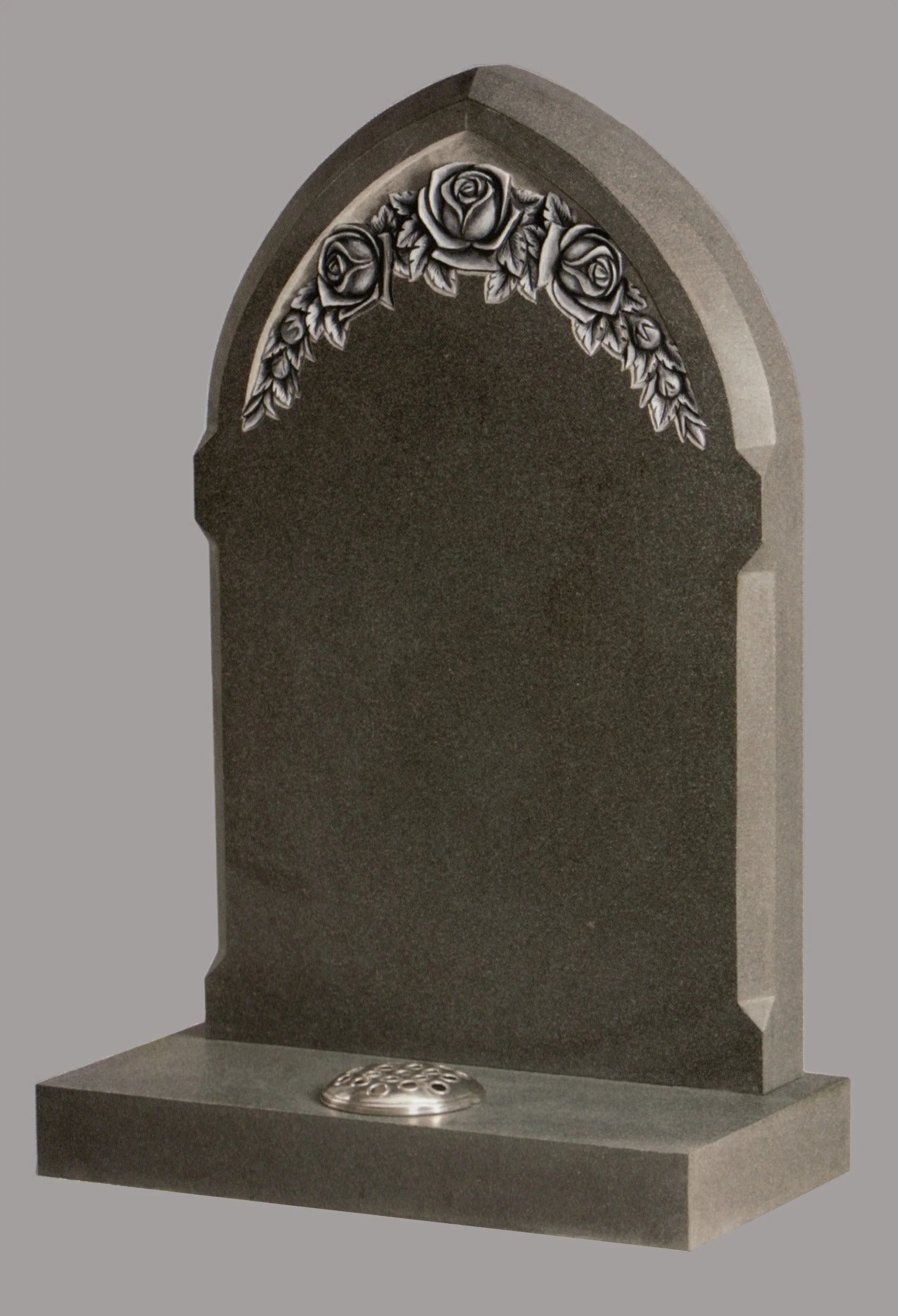 Gothic headstone and base with roses motif, deep carved in matt-finish dark grey granite.