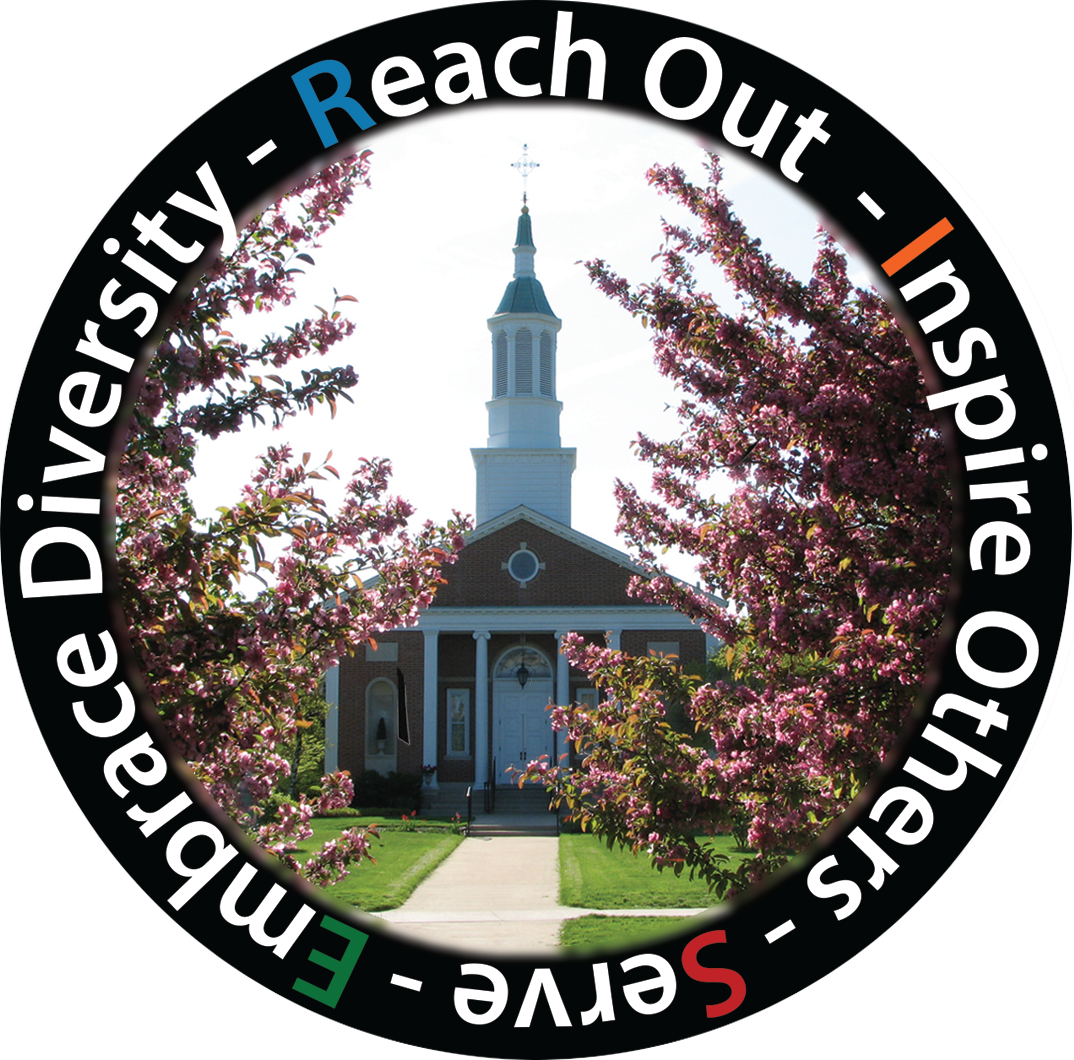 Church with a tall steeple surrounded by pink flowering trees, with the words 'Serve - Embrace Diversity - Reach Out - Inspire -' encircling the image.