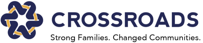CROSSROADS logo with a star made of interconnected figures and the tagline 'Strong Families. Changed Communities.'