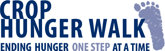 Logo for Crop Hunger Walk featuring a blue footprint and text: 'Crop Hunger Walk,' 'Ending Hunger One Step at a Time'.