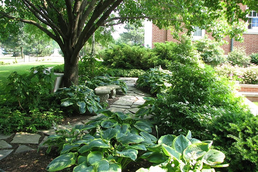 A lush garden with a stone pathway, green bushes, and a large leafy tree providing shade. A brick building is partially visible in the background. Columbarium at in Grosse Pointe Farms, Michigan.