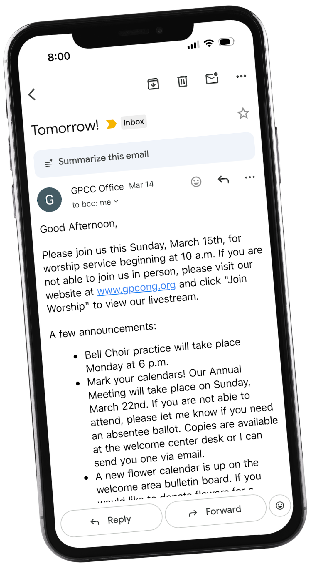 Screenshot of an email on a smartphone with a message about church service and announcements, sent by GPCC Office.