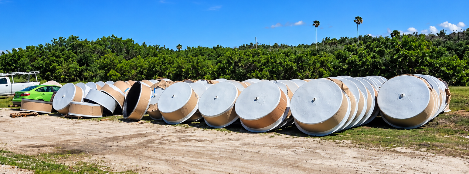 Large satellite dishes stacked and laid on the ground outdoors with trees and a blue sky in the background.