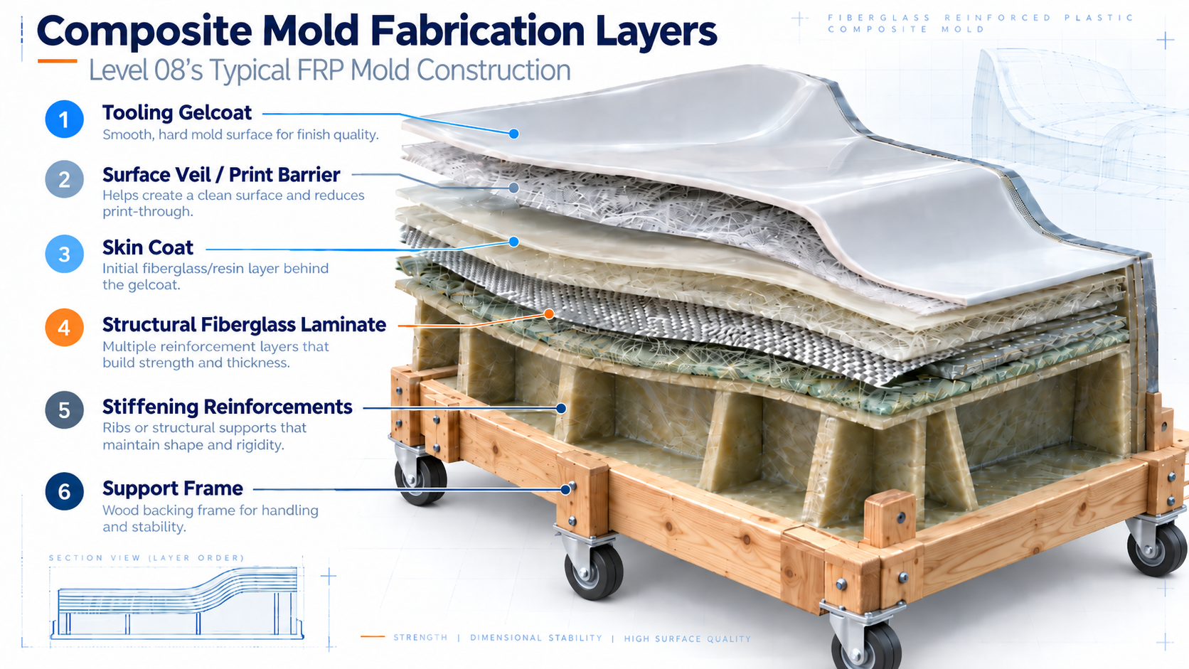 Diagram of composite mold fabrication layers showing six layers labeled Tooling Gelcoat, Surface Veil / Print Barrier, Skin Coat, Structural Fiberglass Laminate, Stiffening Reinforcements, and Support Frame, with descriptions for each layer.
