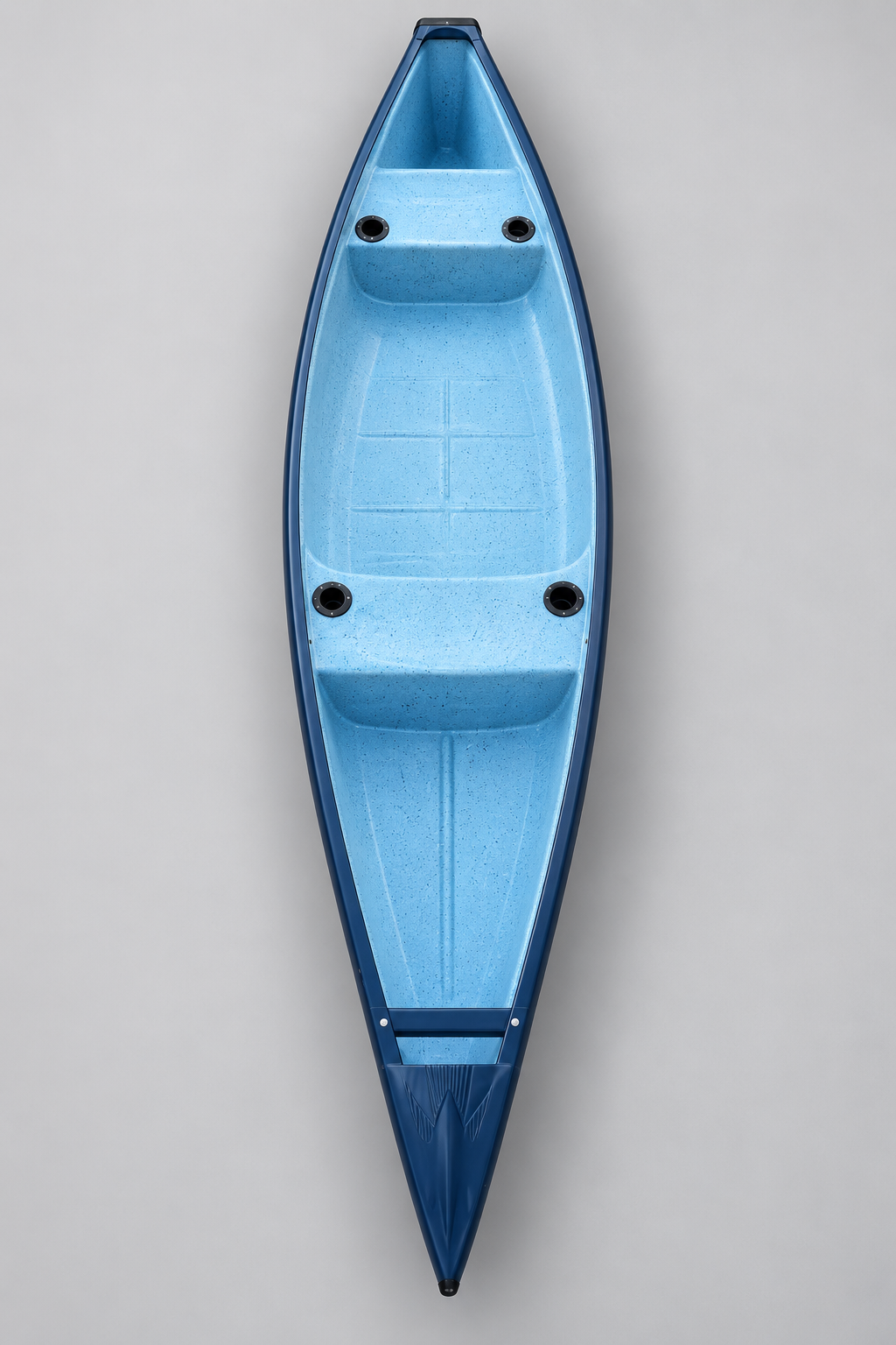 Top view of a blue kayak placed on a plain wall.