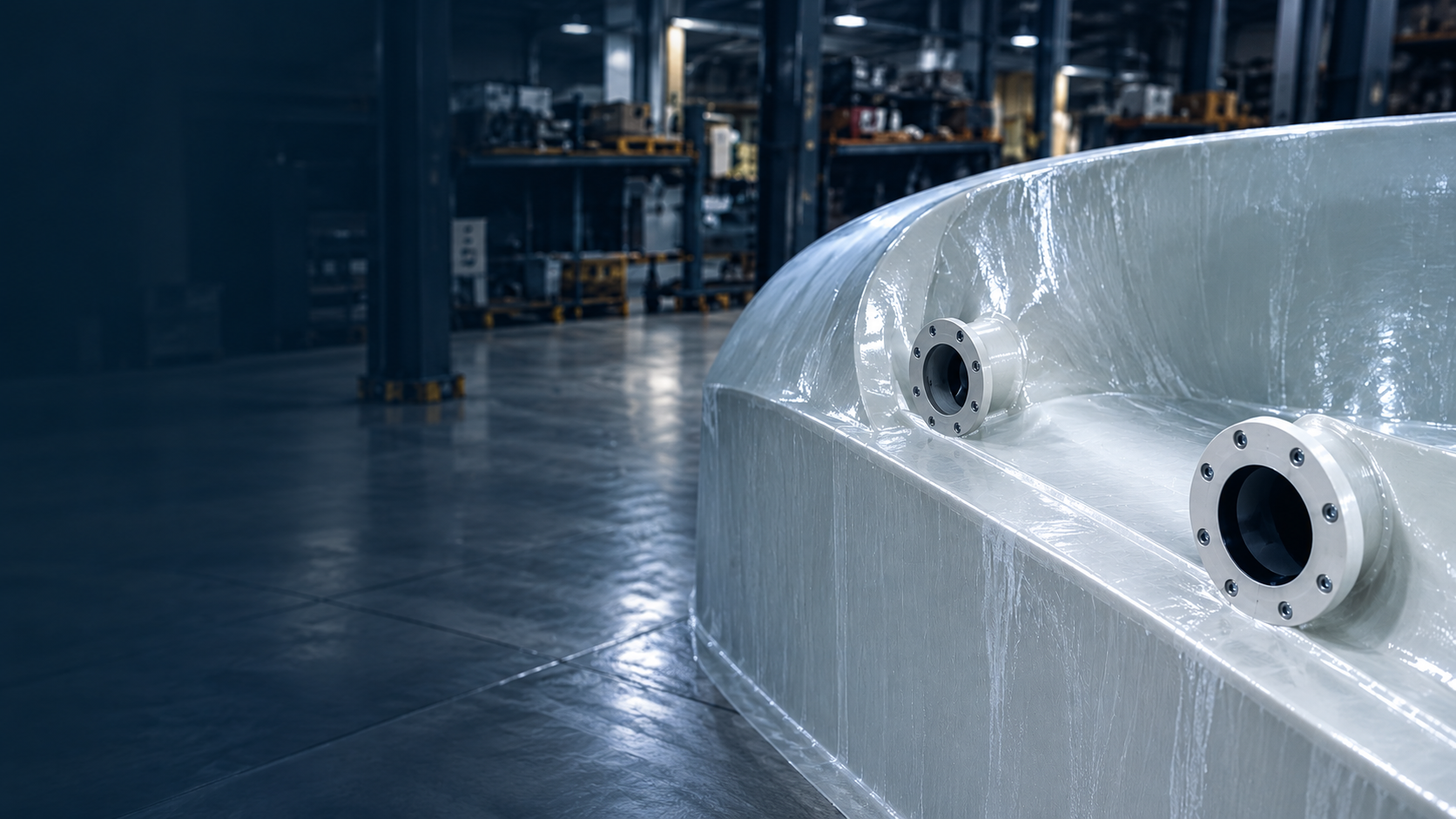 Large metallic industrial component with two circular openings in a warehouse or factory setting.