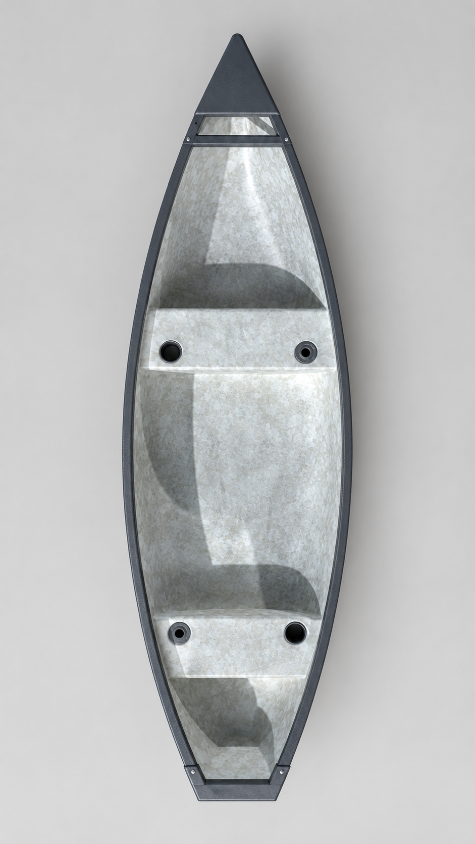 A small, aluminum boat with a pointed bow, viewed from above, positioned against a plain light gray background.