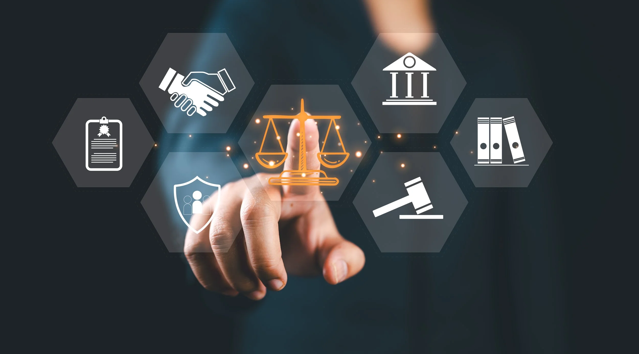 Hand interacting with digital legal and document icons representing official documents for certified translation.