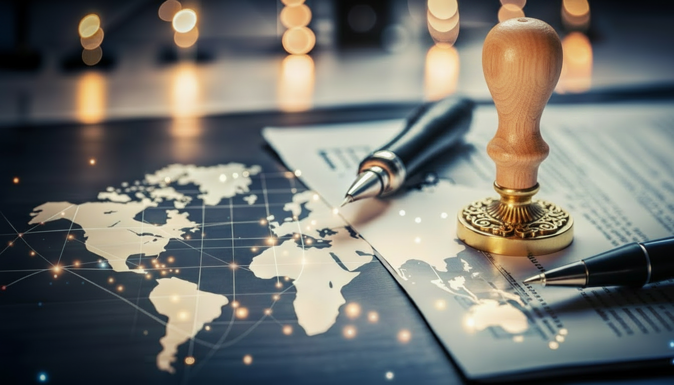 World map with a fountain pen and official seal, representing certified translation services for official documents.