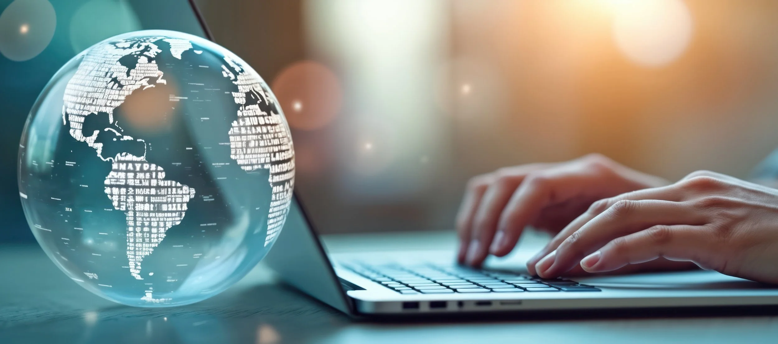 Person using a laptop with a digital globe of the Americas, representing professional translation and localization services.