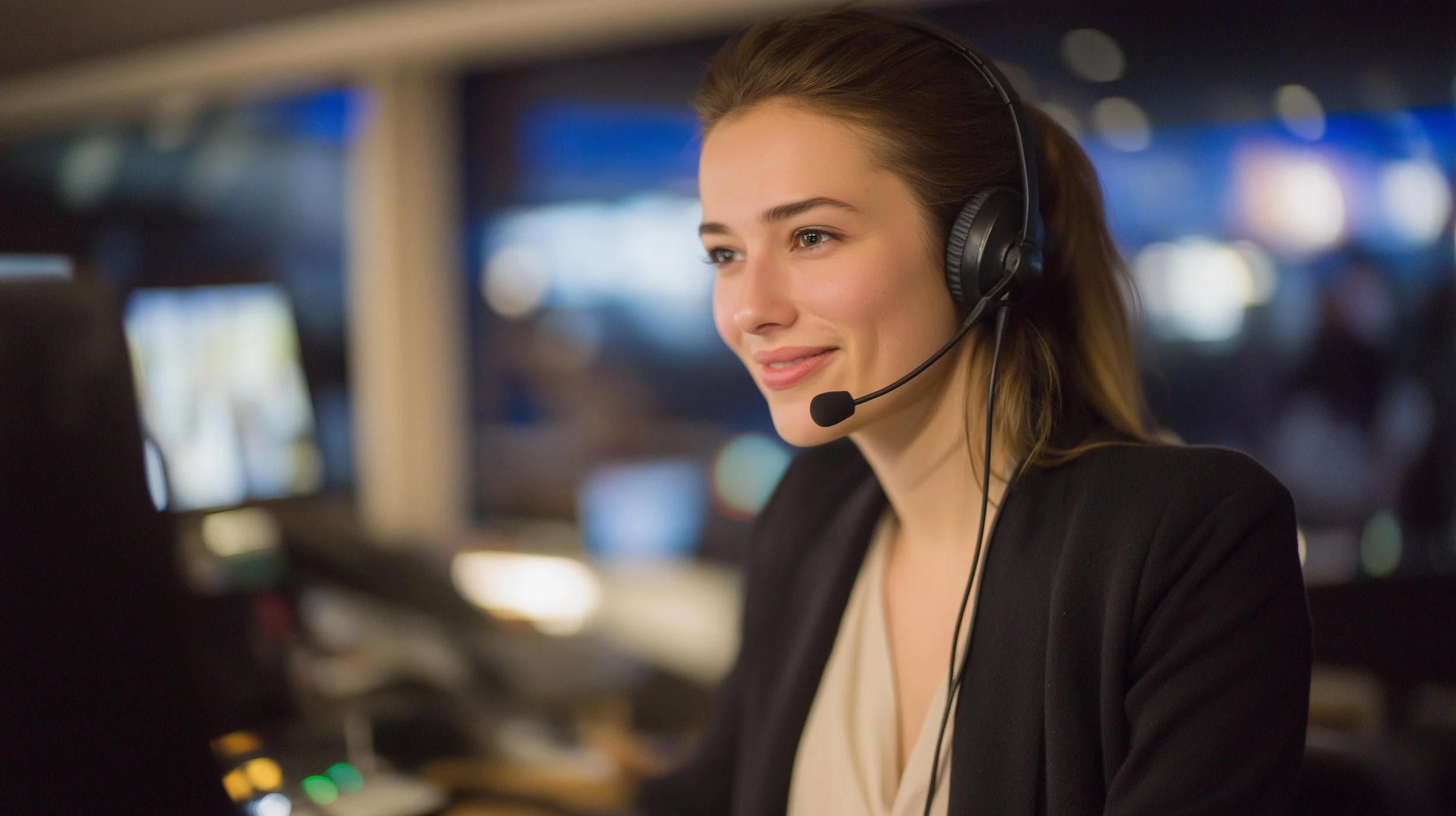 Professional interpreter wearing a headset and microphone during an interpretation assignment.