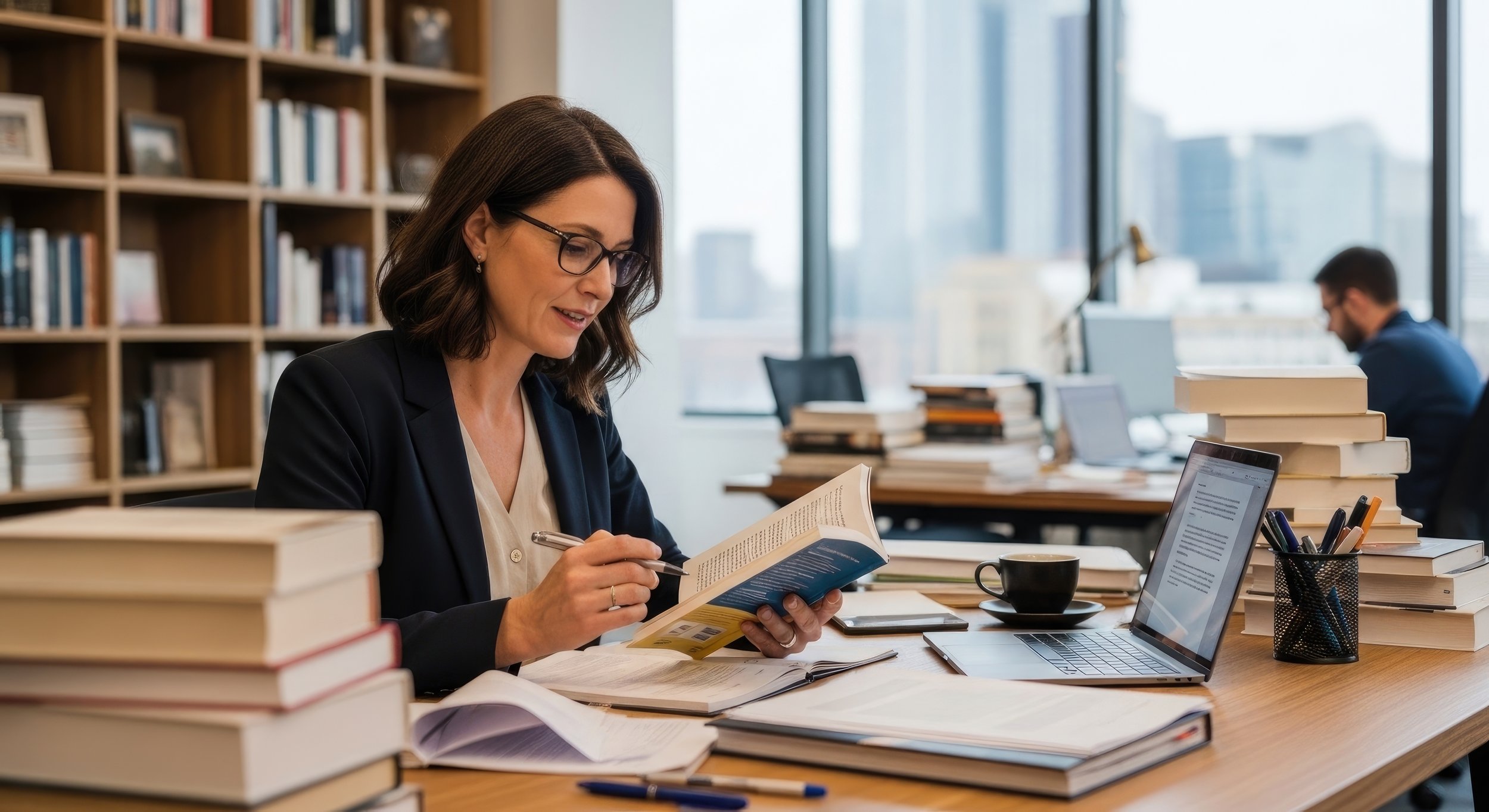 Professional translator working with reference books and a laptop, representing industry expertise.