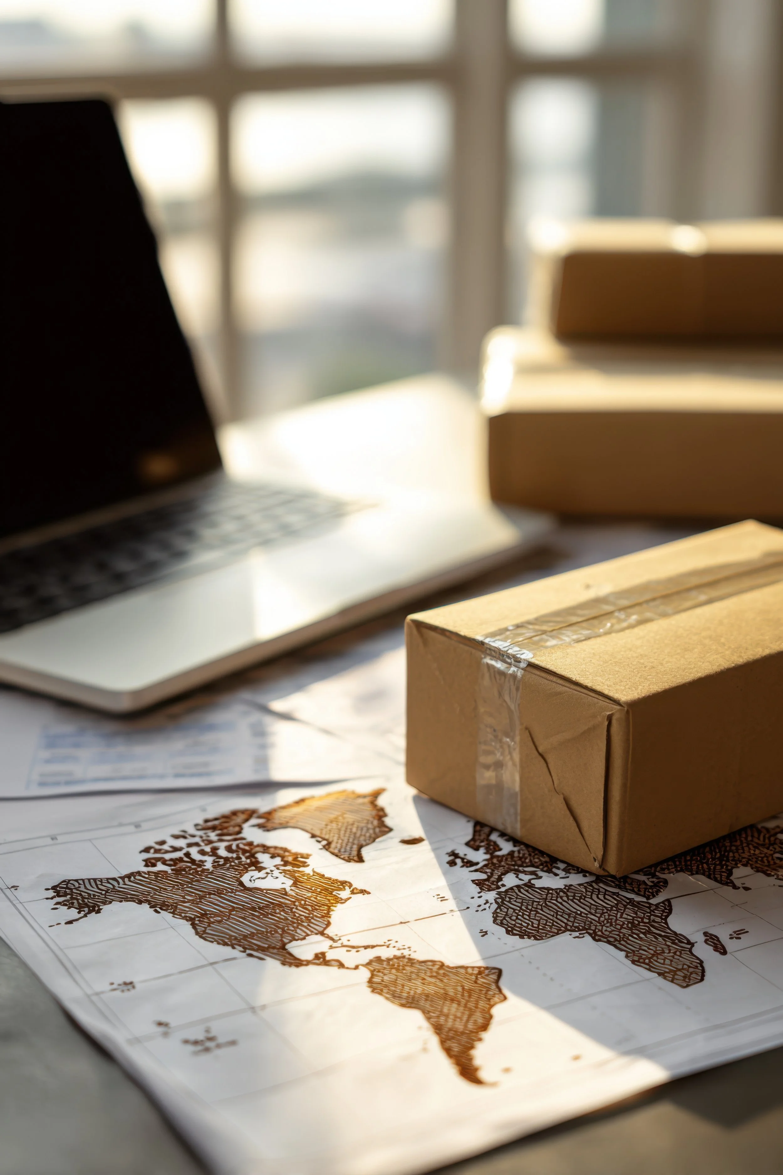 Cardboard shipping box, map and laptop representing retail, e-commerce, and international trade.
