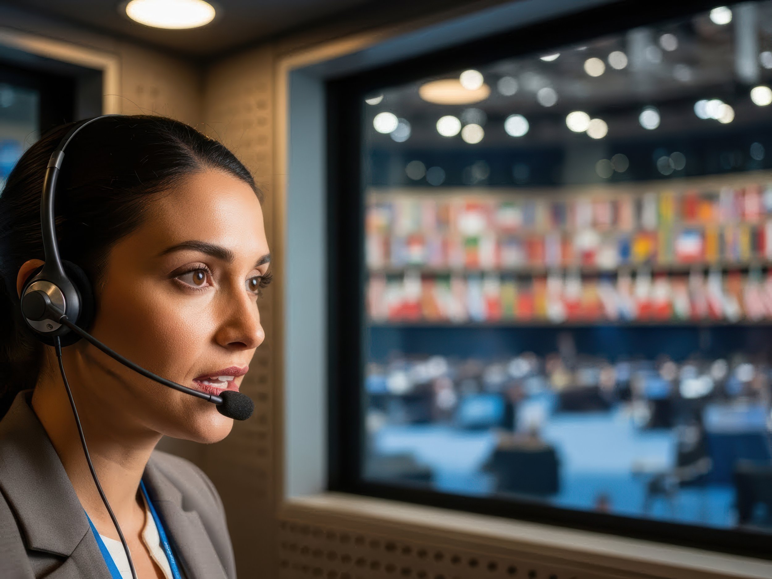 Conference interpreter wearing a headset and microphone during a live interpretation session.