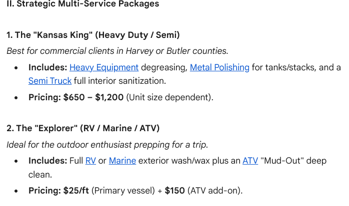 Screenshot of a document detailing strategic multi-service packages for commercial clients in Harvey or Butler counties, including equipment maintenance and vehicle wash services.