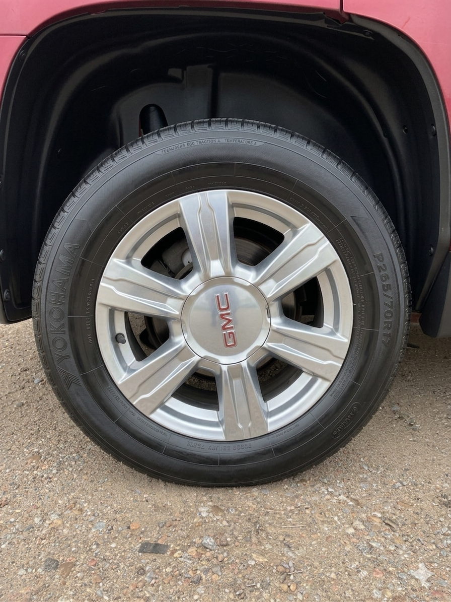 cleaned version Close-up of a GMC vehicle's wheel with a Yokohama tire on a gravel surface.