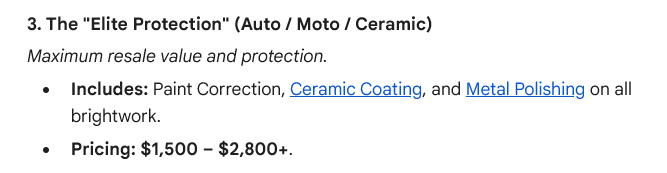 Screenshot of a text section describing the 'Elite Protection' package, including paint correction, ceramic coating, and metal polishing, with pricing between $1,500 and over $2,800.
