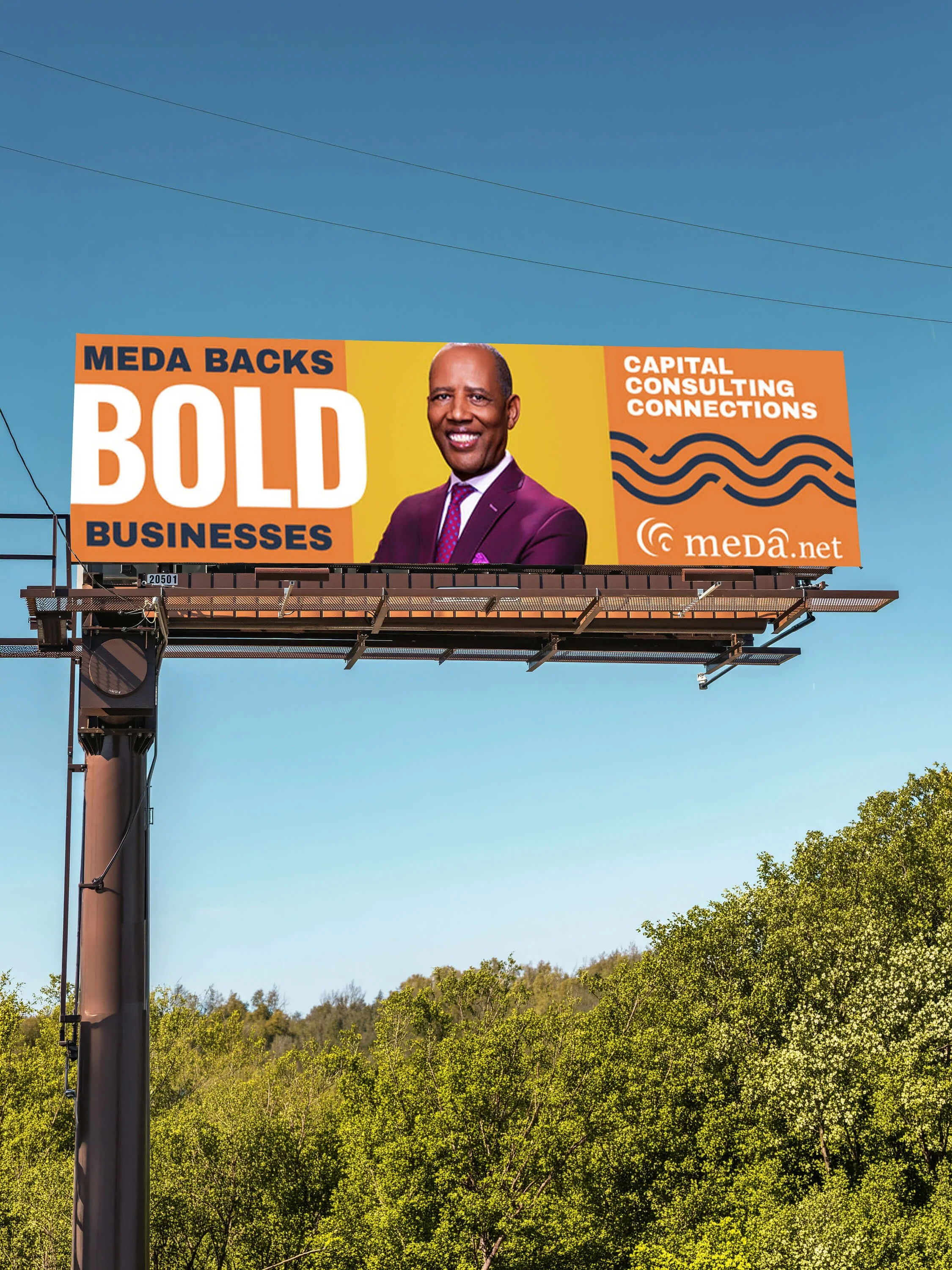 Billboard advertising Meda, featuring a man in a purple suit smiling, with text that reads "Meda Backs Bold Businesses" and "Capital Consulting Connections," with the Meda.net logo.