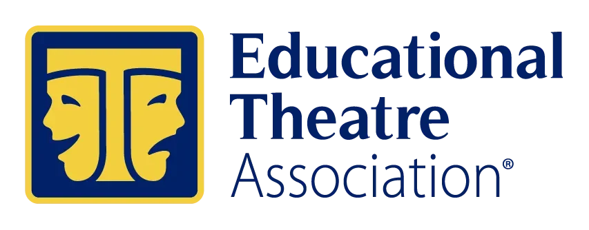 Logo of Educational Theatre Association with yellow and blue theatrical masks and text.