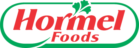 Logo of Hormel Foods with a red text and green outline, featuring a green herb illustration.
