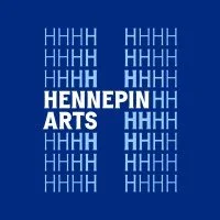 Blue background with the word 'HENNEPIN' in bold white letters and 'ARTS' beneath it, surrounded by repeated 'H' characters.