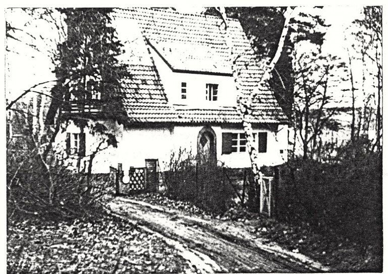 Ein altes, kleines Haus mit Schilfdach, umgeben von Bäumen und einem unbefestigten Weg im Vordergrund, schwarz-weiße Fotografie.
