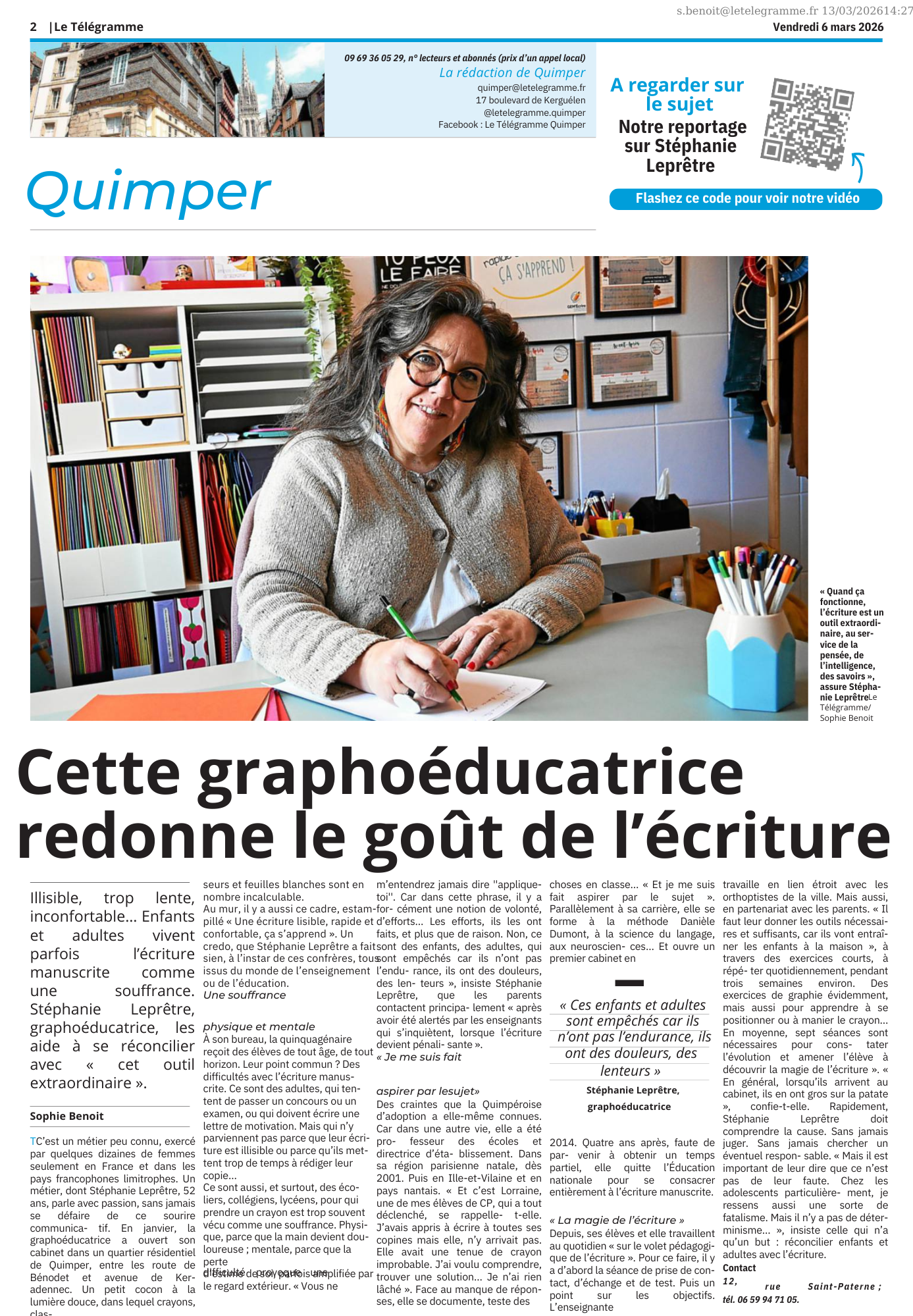 Article Le Télégramme Quimper Graphoéducation Ecriture Stéphanie Leprêtre