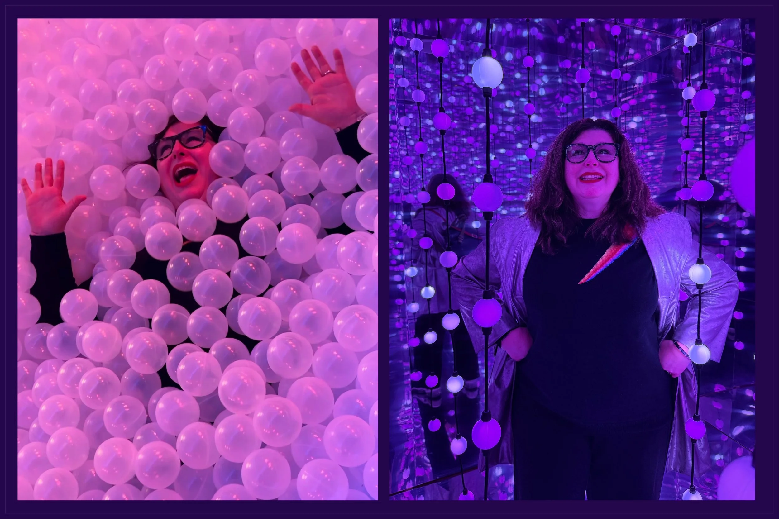 Photos of Caroline Langer in a sea of balls and bubbles at the interactive museum exhibit, showing joy of being an author - Now I'm the boss of me article by Caroline Langer