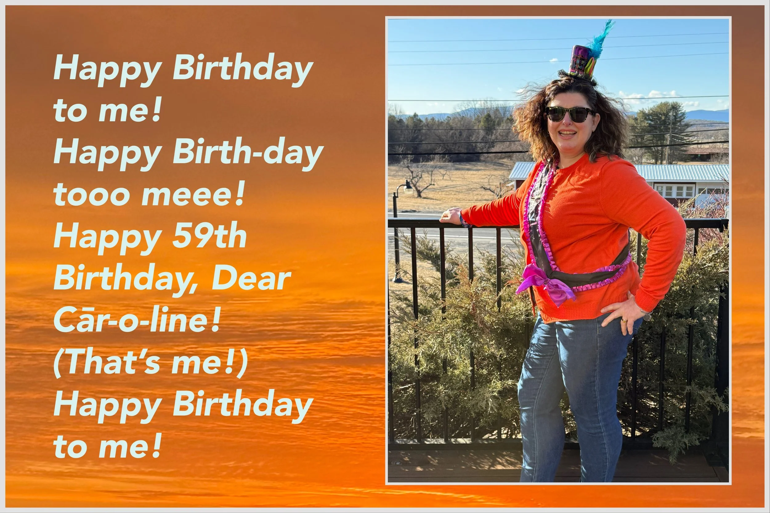 Look who turned 59! Author of Emerald Eyes Caroline Langer. Image shows Caroline wearing a birthday hat next to a body of water singing the Happy Birthday to me song.