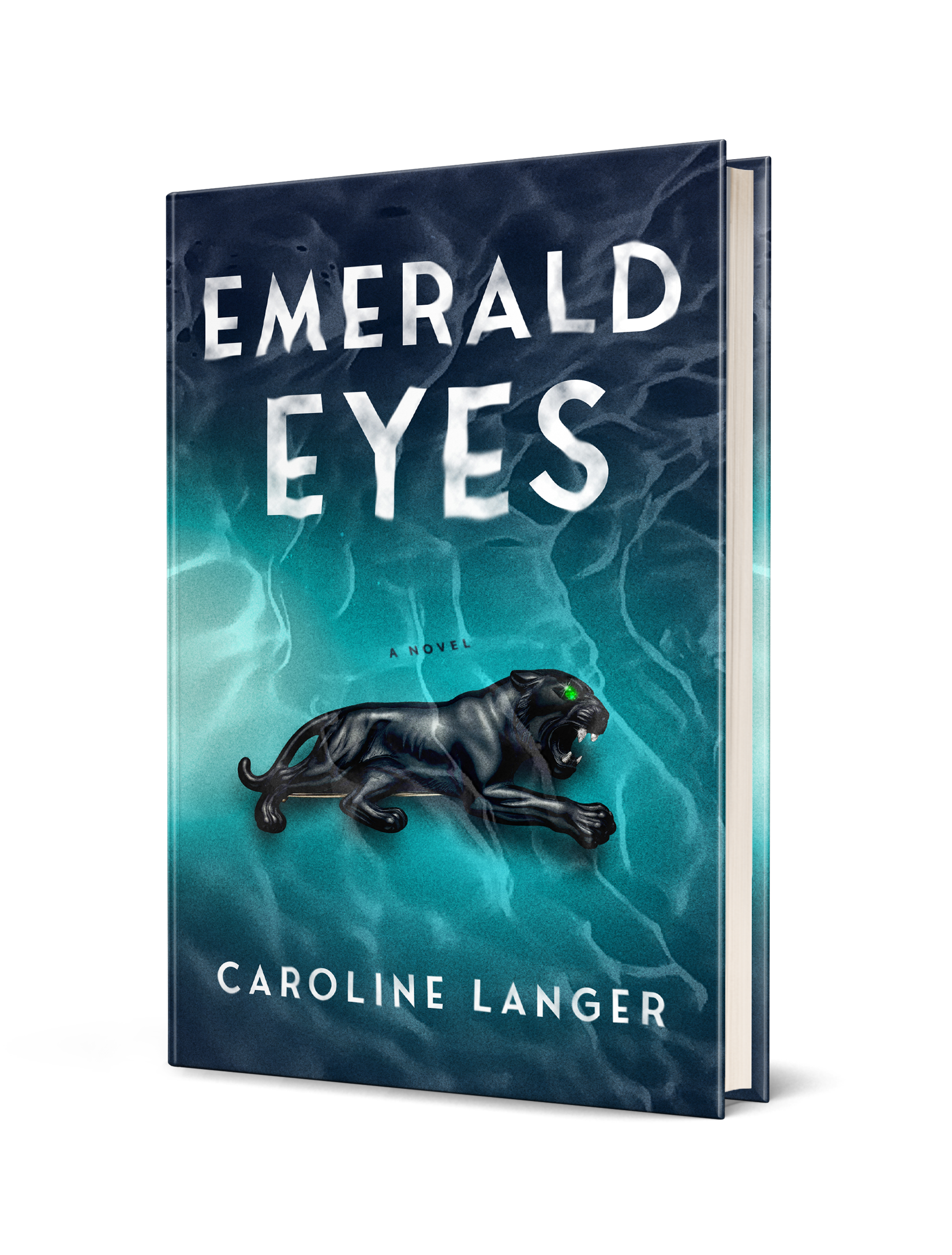 'Emerald Eyes a Novel' by Caroline Langer, featuring a black panther with emerald green eyes underwater in a lake