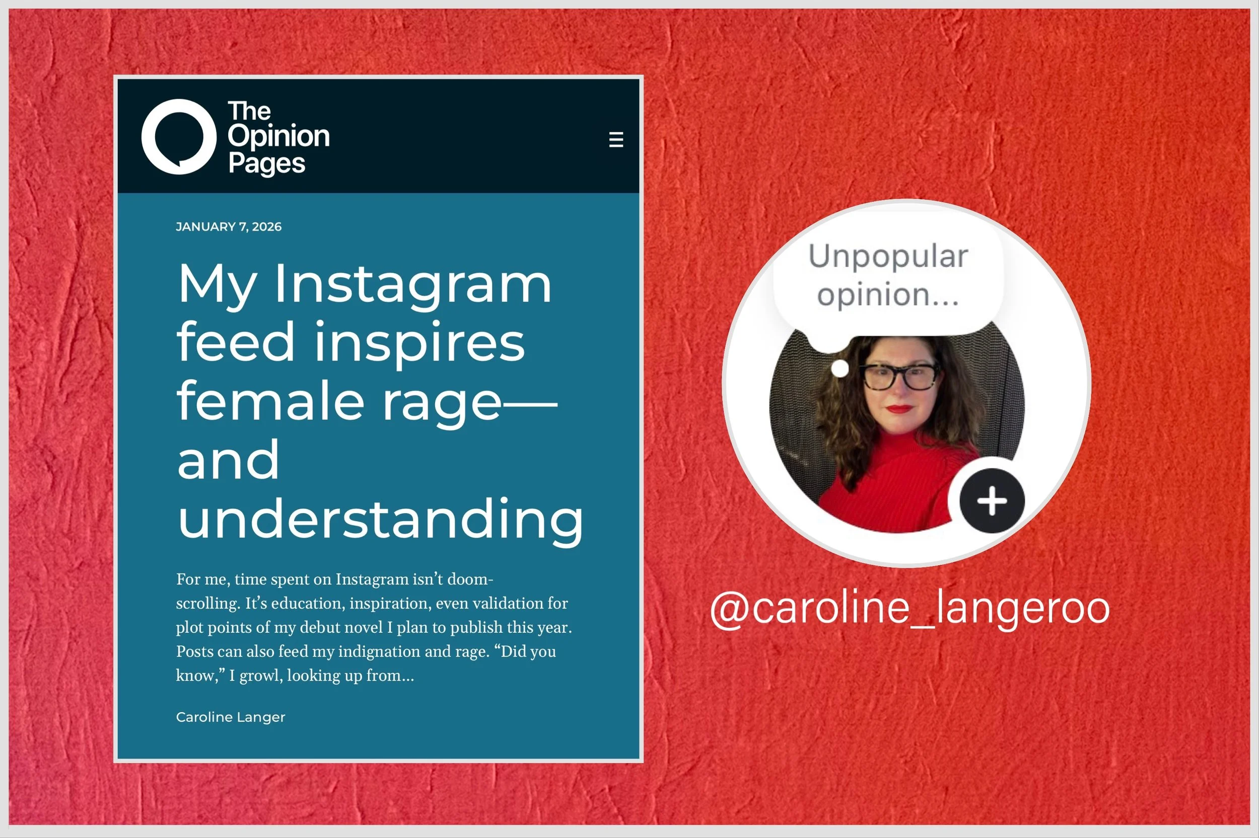 Image of Caroline Langer's face, author of Emerald Eyes, with headline and text from the Opinion Pages shown in article