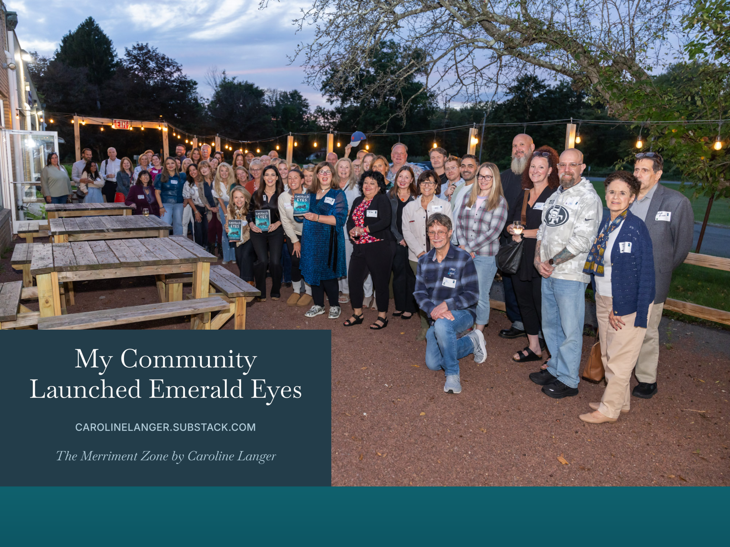 Party attendees in the beer garden celebrate the launch of Emerald Eyes