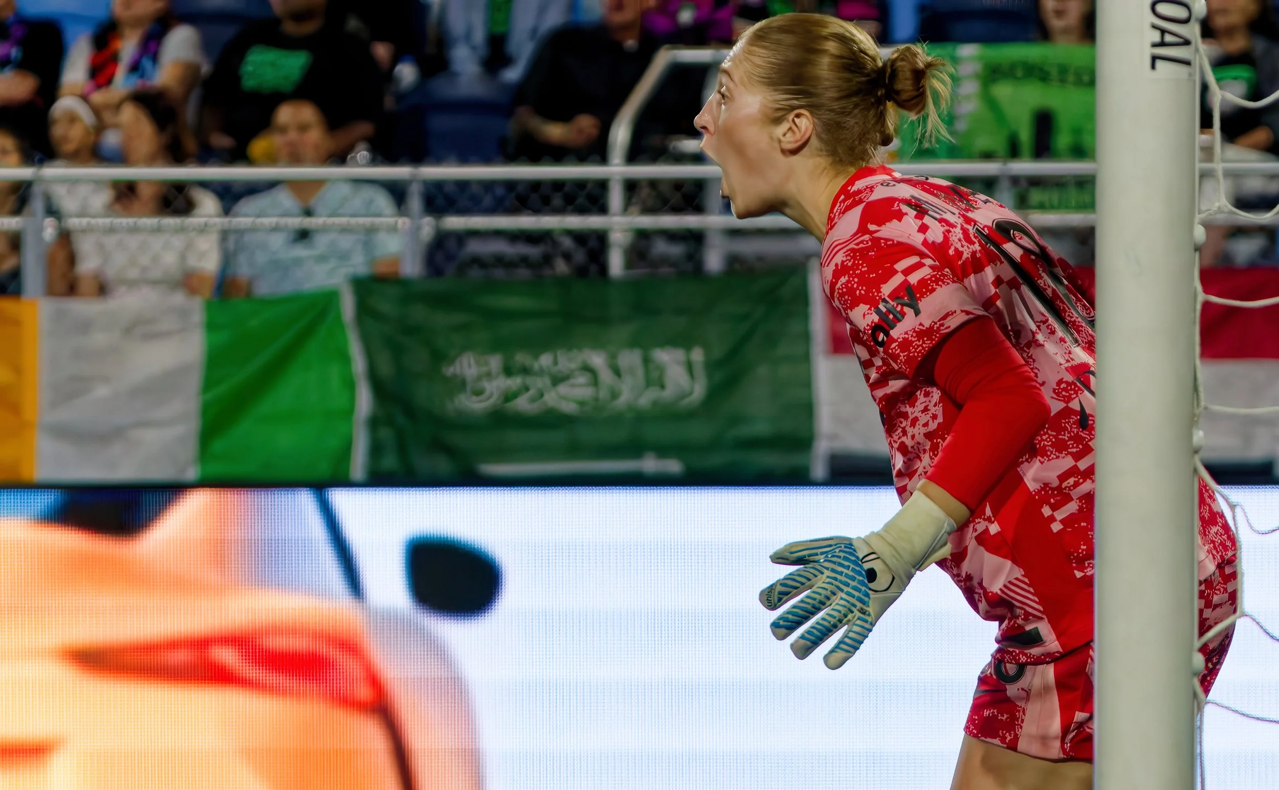 A female soccer goalkeeper wearing a red and pink patterned uniform and white gloves, standing near the goalpost during a match, with an audience in the background.