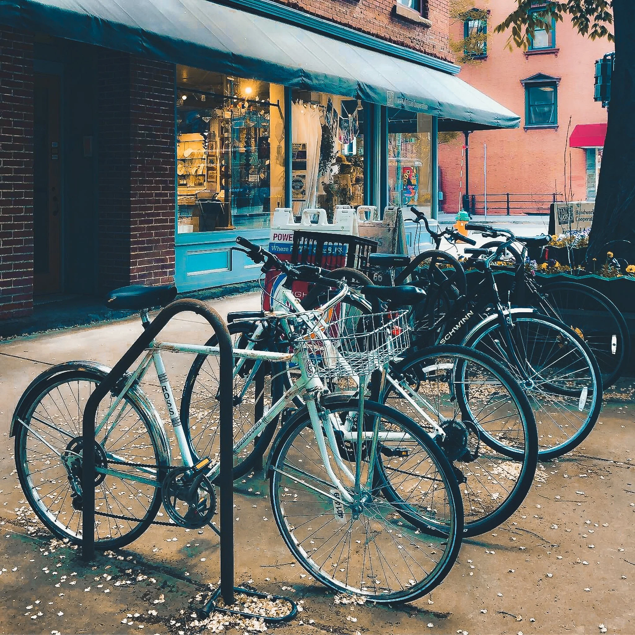 Bicycle racks filled with parked bikes on a city sidewalk 