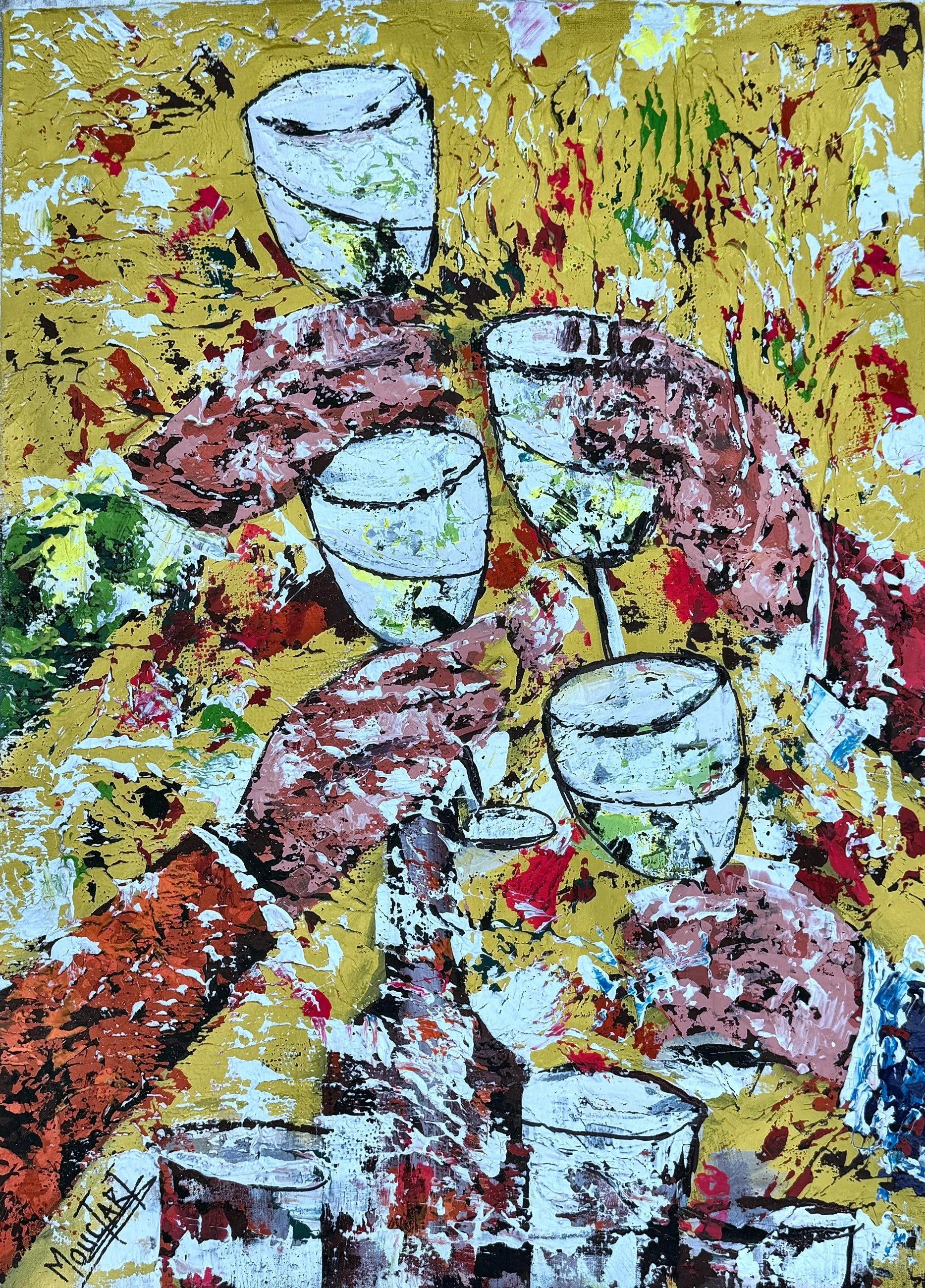 Enquire About This Artwork:
Cin Cin
A toast caught mid-air, raised glasses and clasped hands in loose white outline on sun-yellow.
Acrylic on canvas 54 × 74 cm
(original work- one available) Price: € 750 (incl. VAT 13.5%), Floating frame available on