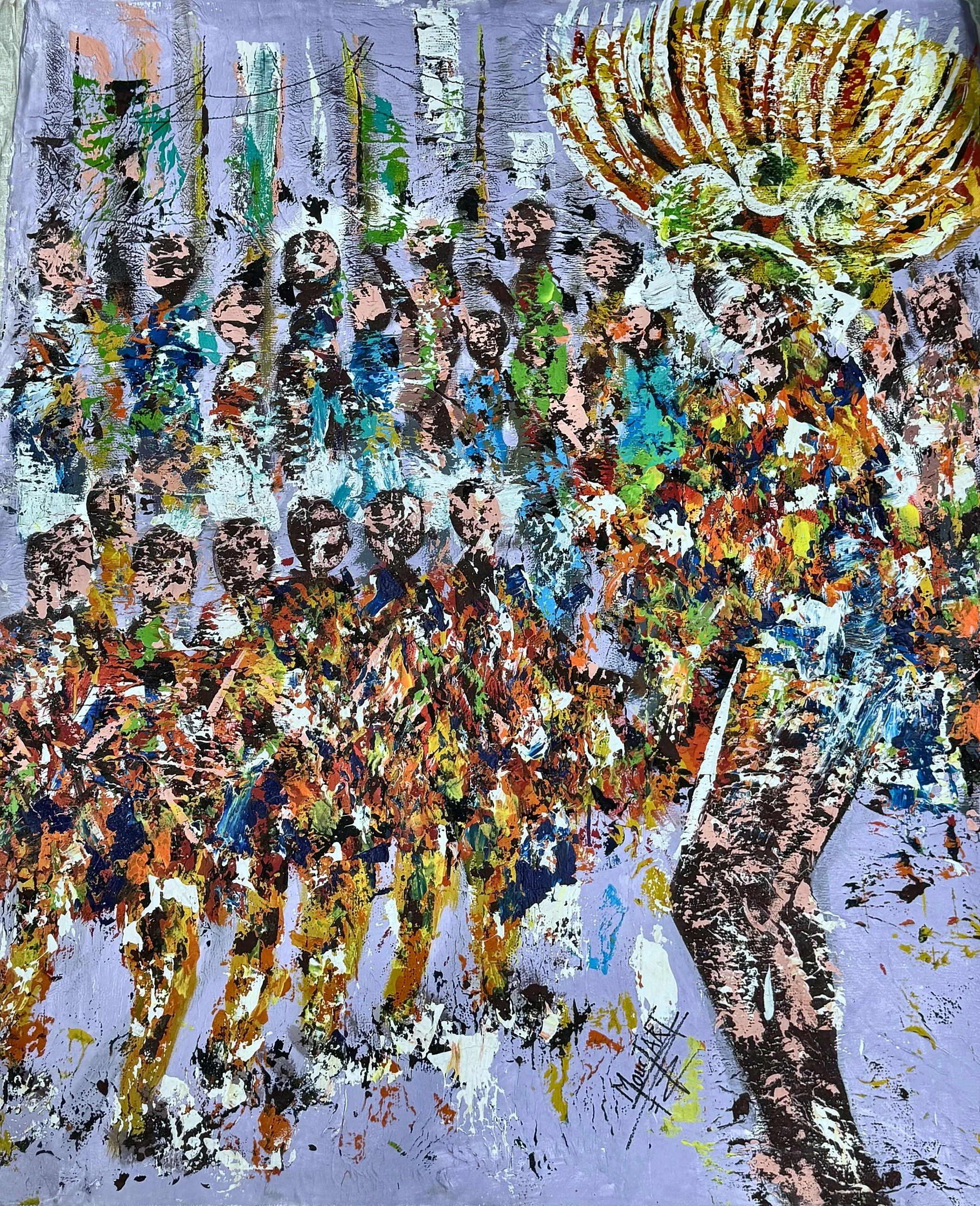 Enquire About This Artwork:
The Queens of the Carnival
A crowd gathers beneath a towering golden headdress against a lilac ground.

Acrylic on canvas, 100 × 120 cm, (original work- one available) Price: € 2250 (incl. VAT 13.5%), Floating frame availa