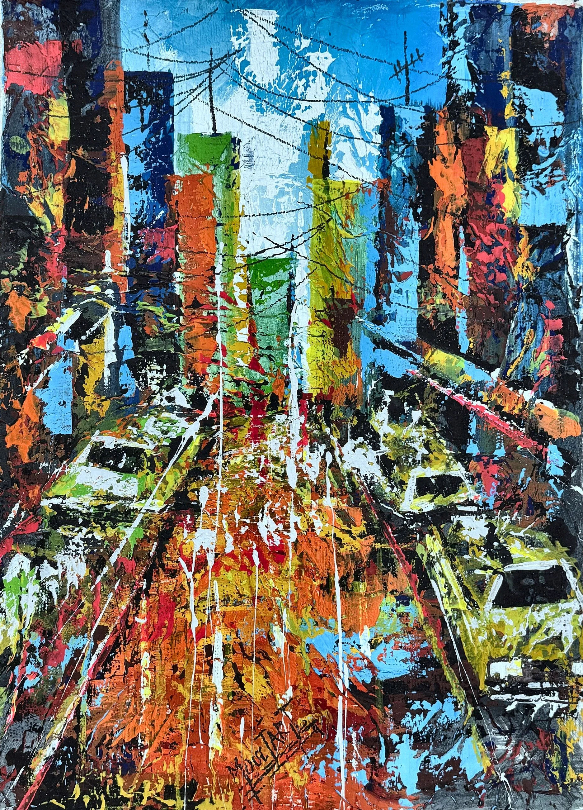 Enquire About This Artwork:
Urban Rhythm
A street corridor of saturated colour blocks, criss-crossed overhead by a tangle of wires.

Acrylic on canvas, 54 × 74 cm, (original work- one available) Price: € 850 (incl. VAT 13.5%), Floating frame availabl