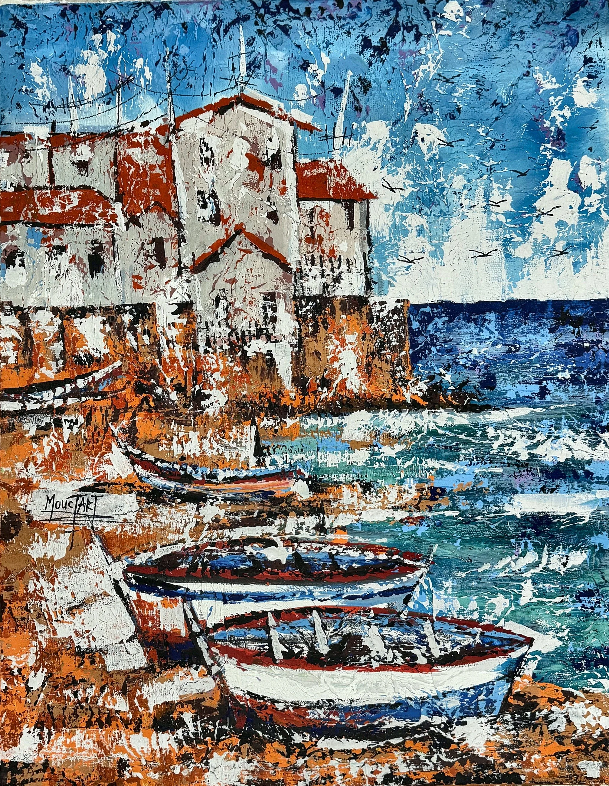 Enquire About This Artwork:
Return of the Fisherman
Small boats rest below a whitewashed coastal building as waves break against the rocks under a bright sky.

Acrylic on canvas, 80 × 100 cm, (original work- one available) Price: € 1450 (incl. VAT 13